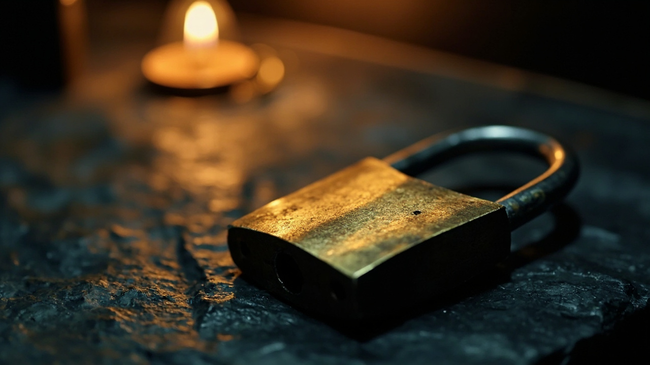 A heavy brass padlock on dark slate, lit by warm tungsten — the capability-based security primitive, where the credential stays locked away from the agent