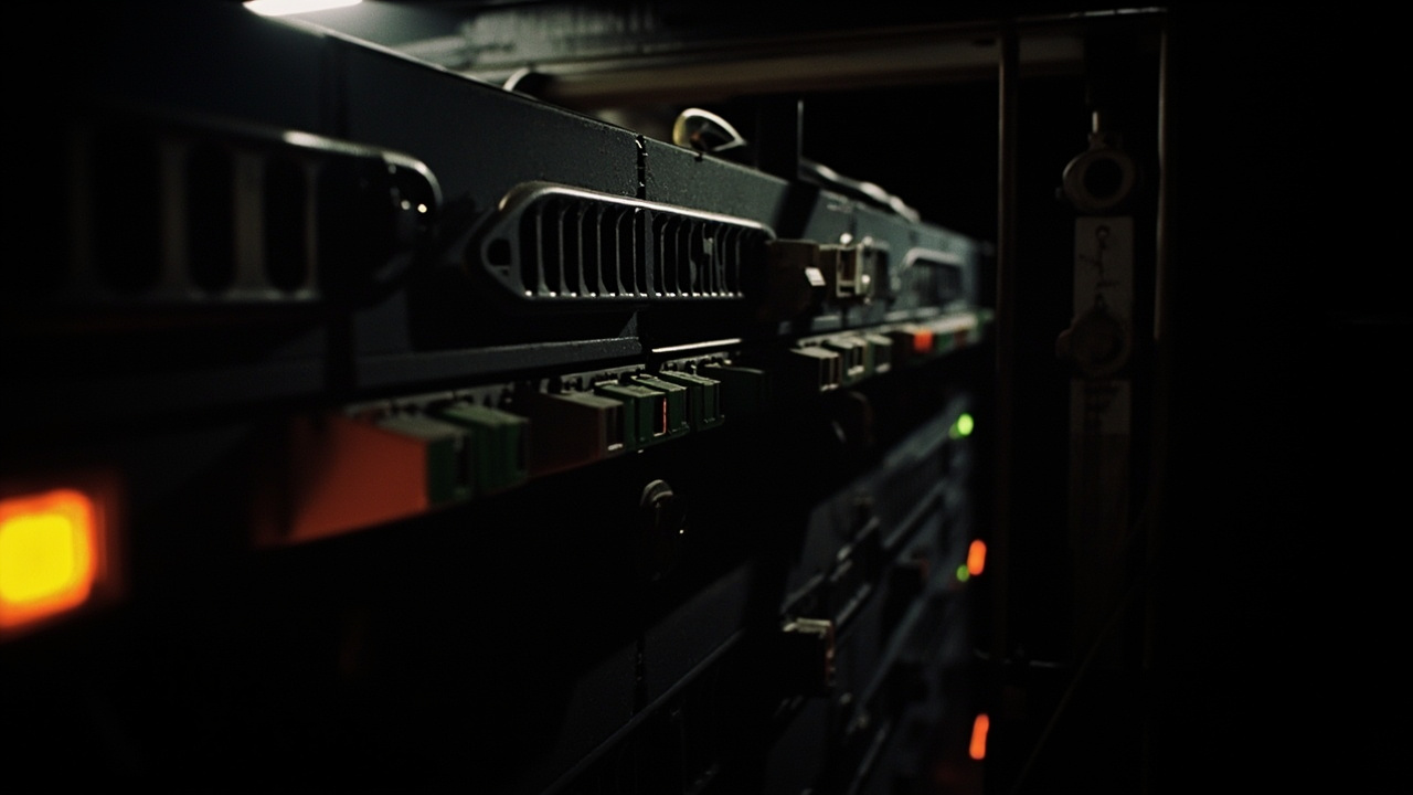 A row of 1990s industrial network switches with one amber status LED glowing — the per-user Gadget runtime as Cloudflare's primitives, cheap enough to spin up per task