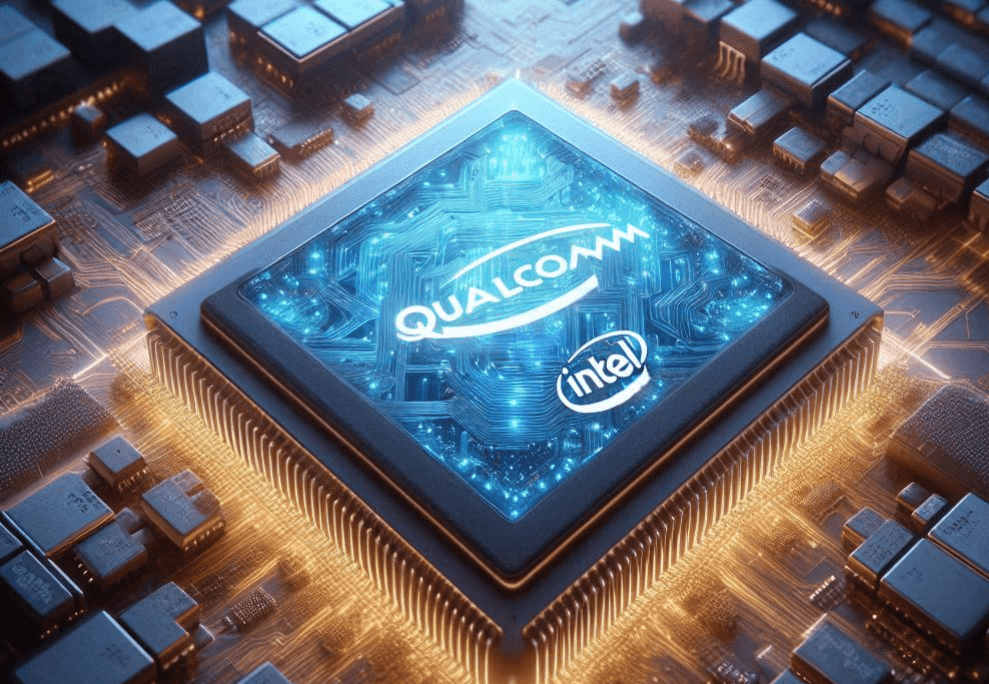 a computer chip with a logo on it Qualcomm Intel